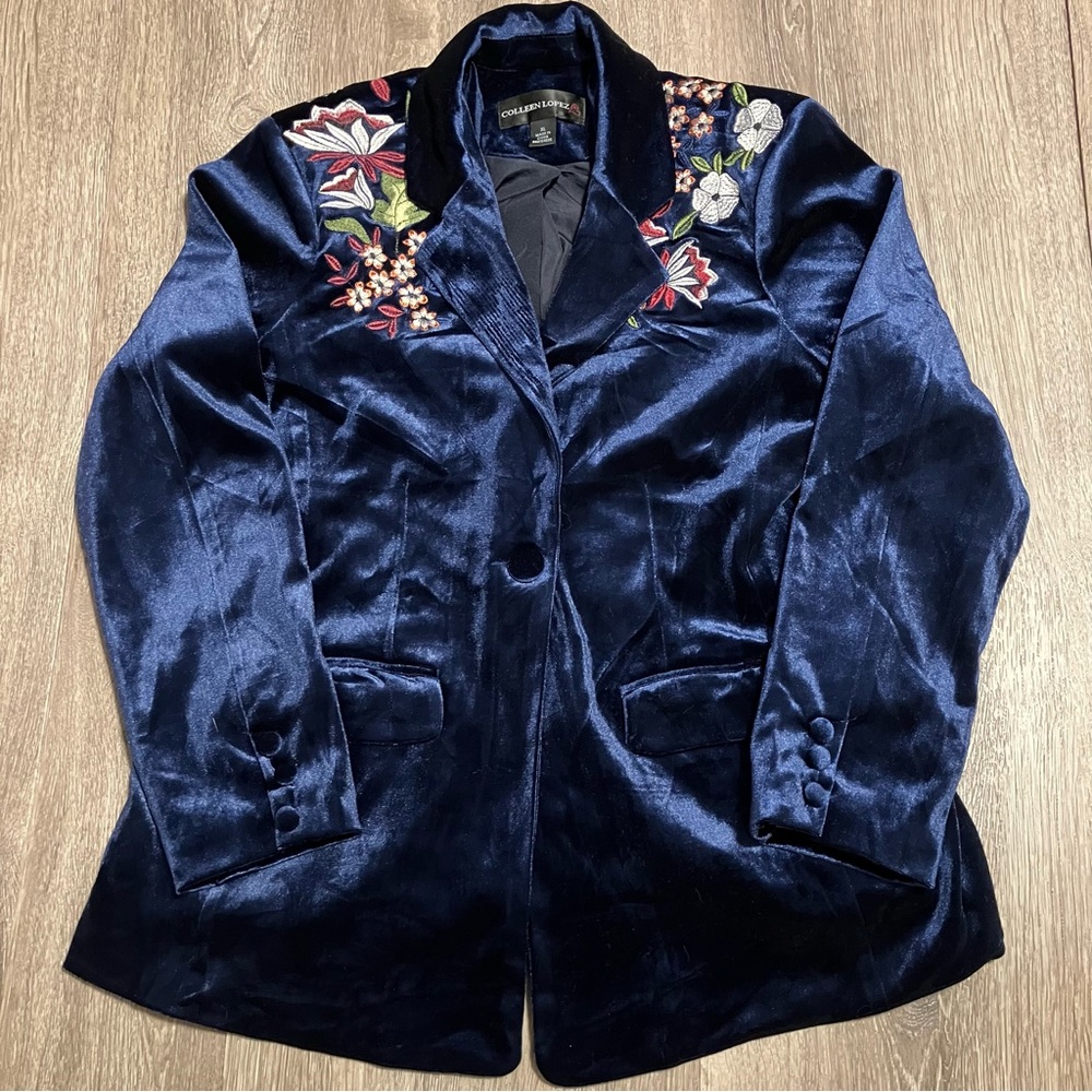 Colleen Lopez Women’s Shiny Navy Blue Velvet Floral Embroidered Blazer Jacket XL